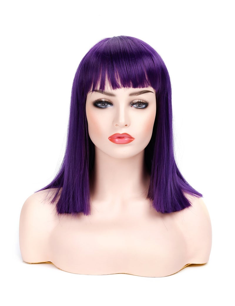 morvally Short Straight Purple Wig with Bangs Natural Looking Heat Resistant Hair Cosplay Costume Wigs for Women (14 inches Dark Purple) - Image 2